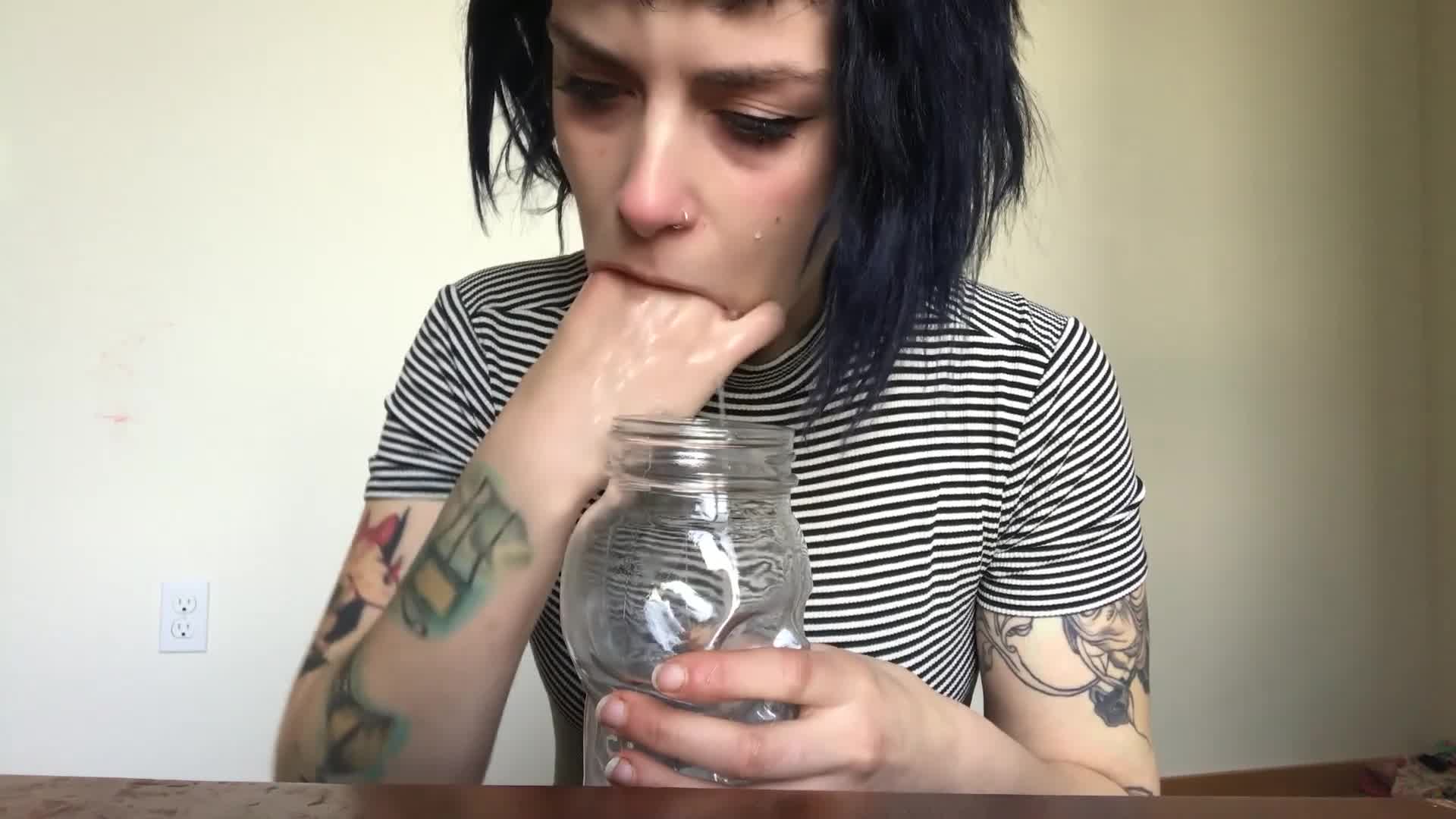 Brunette Girl eat and vomit Smoothie